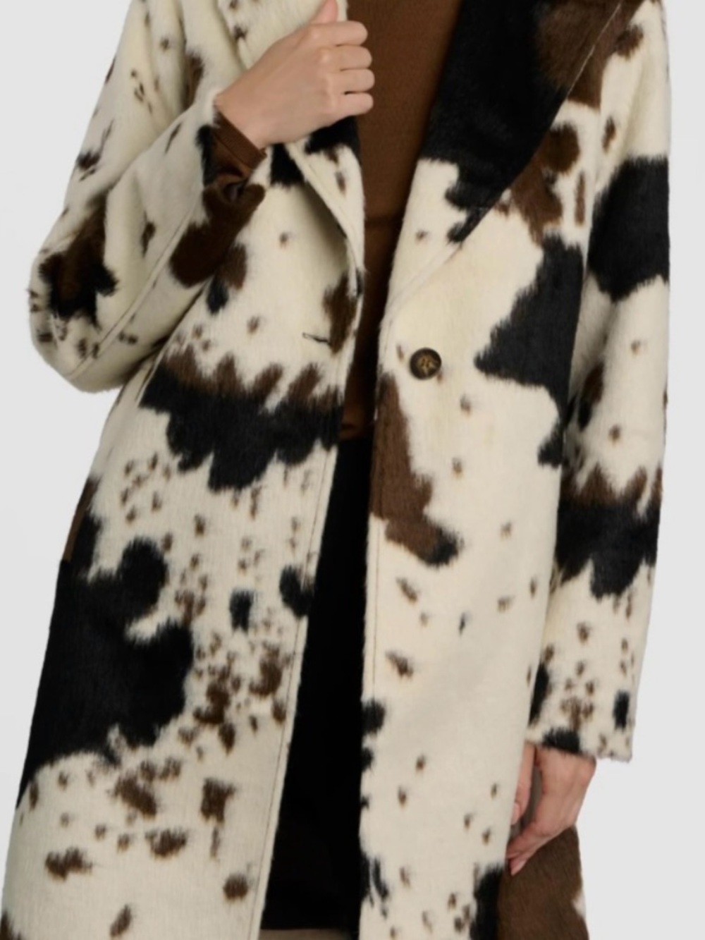 Bernardo Cow-Print Faux Fur Trench Coat in Black, Brown & Cream